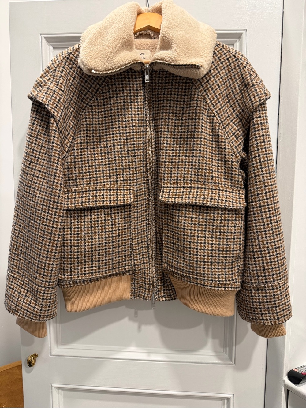 Free People Spearmint Cozy Houndstooth Sherpa-Collar Bomber Jacket - Medium